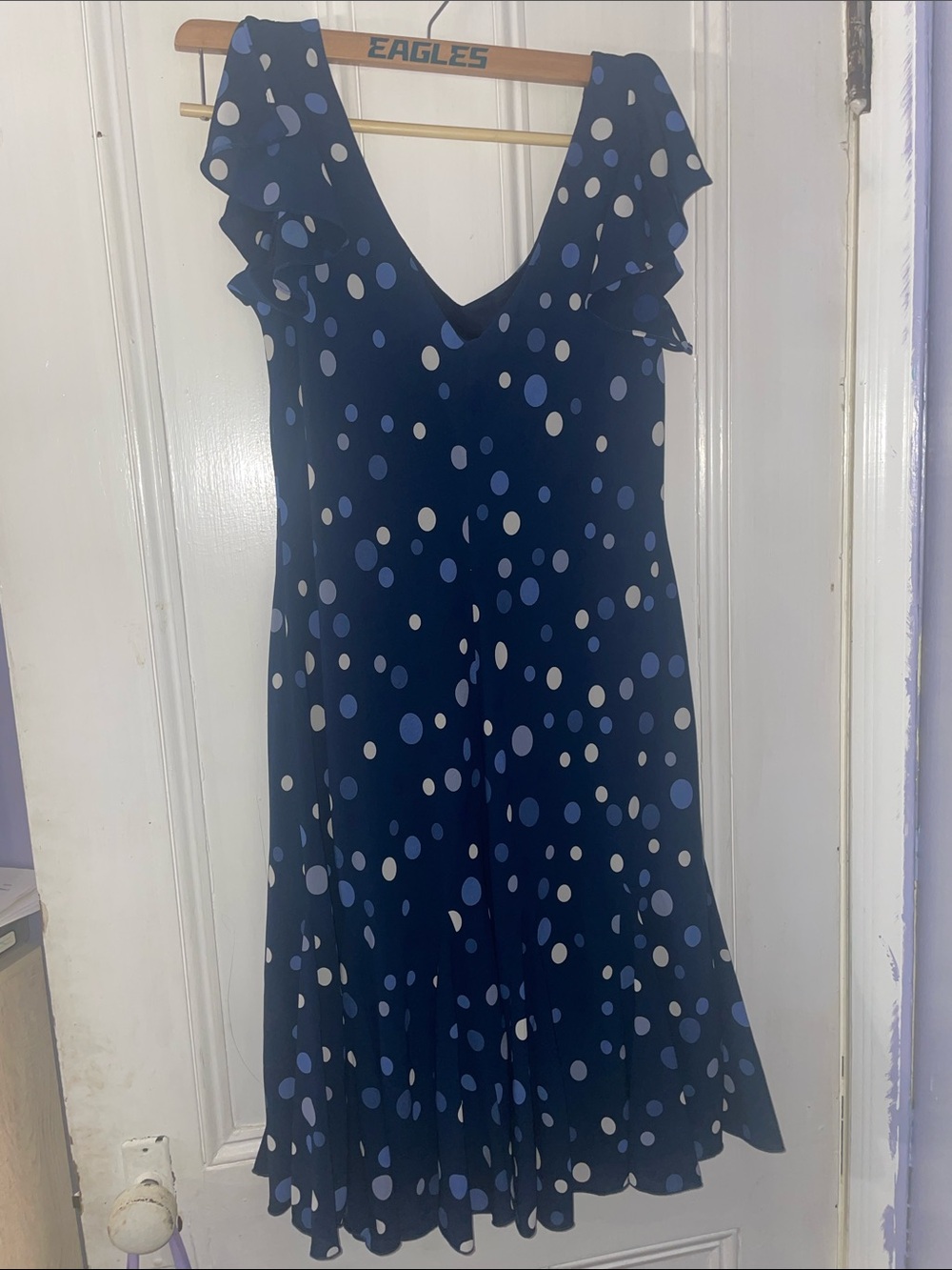 Navy Polka Dot V-Neck Ruffle Midi Dress
